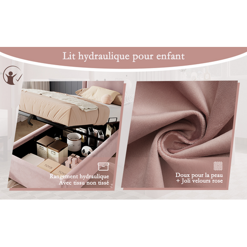 Lit Coffre Enfant Rembourré 90 X 190 Cm, Velours Rose, Design Élégant, Sans Matelas