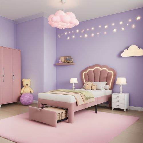 Lit Enfant LED Simple 90 X 190 Cm, Velours Rose, Avec Tiroirs Et LED Contrôlées Par Télécommande