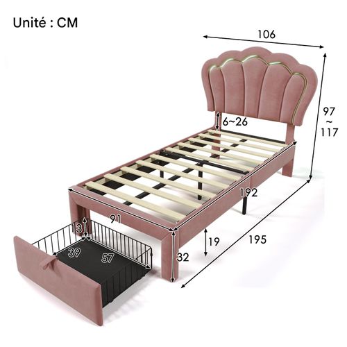 Lit Enfant LED Simple 90 X 190 Cm, Velours Rose, Avec Tiroirs Et LED Contrôlées Par Télécommande