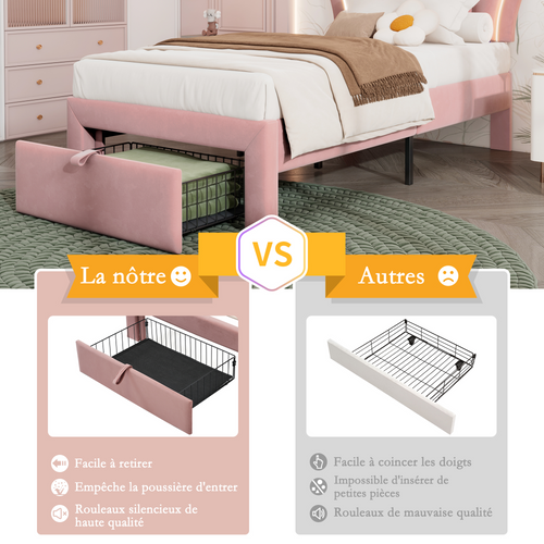 Lit Enfant LED Simple 90 X 200 Cm, Velours Rose, Avec Tiroirs Et LED Contrôlées Par Télécommande