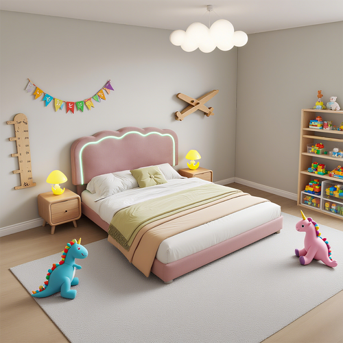 Lit Rembourré LED Double 140 X 200 Cm, Sommier Et Tête De Lit Réglable, Velours Rose