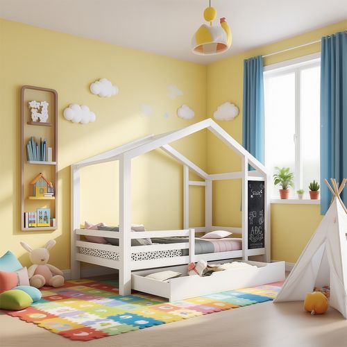 Lit Cabane 90 X 200 Cm Blanc, Avec Tableau, 2 Tiroirs Et Sommier, Bois Massif Avec Barrière