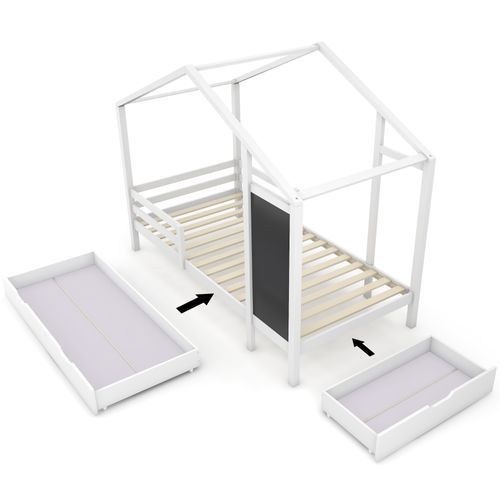 Lit Cabane 90 X 200 Cm Blanc, Avec Tableau, 2 Tiroirs Et Sommier, Bois Massif Avec Barrière