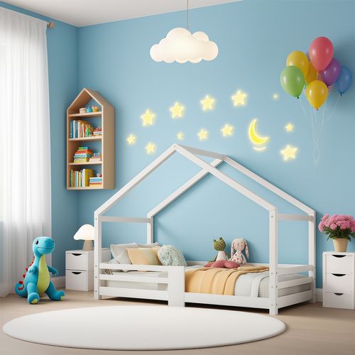 Lit Cabane Avec Cheminée 90 X 200 Cm Blanc, Barrière Anti-chute Et Sommier Robuste