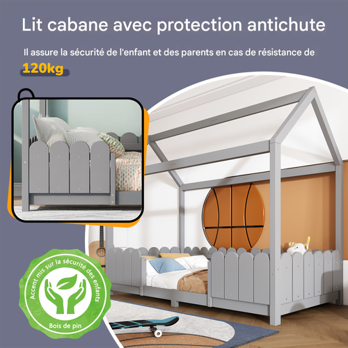 Lit Cabane 90 X 200 Cm En Bois, Avec Barrière Anti-chute Et Sommier – Gris