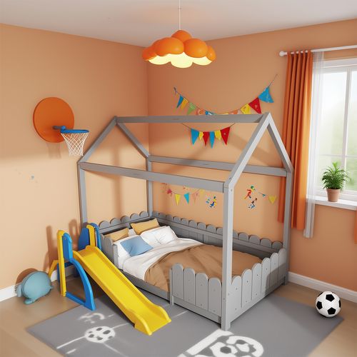 Lit Cabane 90 X 200 Cm En Bois, Avec Barrière Anti-chute Et Sommier – Gris