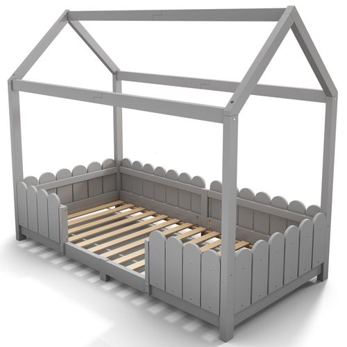 Lit Cabane 90 X 200 Cm En Bois, Avec Barrière Anti-chute Et Sommier – Gris