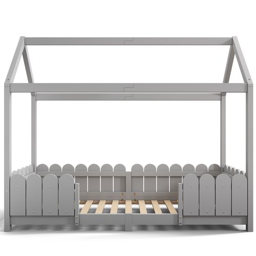 Lit Cabane 90 X 200 Cm En Bois, Avec Barrière Anti-chute Et Sommier – Gris