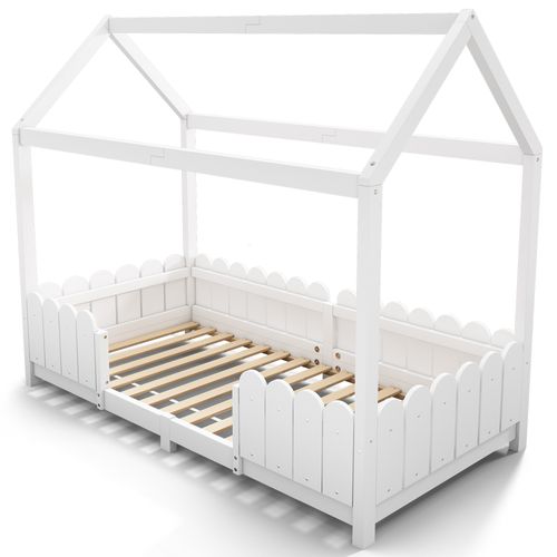 Lit Cabane 90 X 200 Cm En Bois, Avec Barrière Anti-chute Et Sommier – Blanc