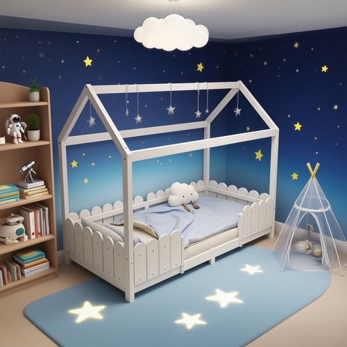Lit Cabane 90 X 200 Cm En Bois, Avec Barrière Anti-chute Et Sommier – Blanc