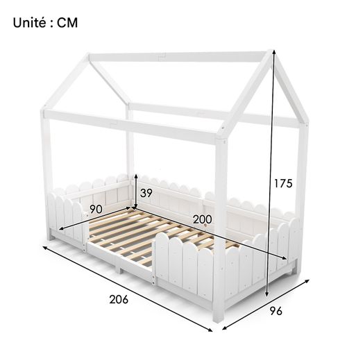 Lit Cabane 90 X 200 Cm En Bois, Avec Barrière Anti-chute Et Sommier – Blanc