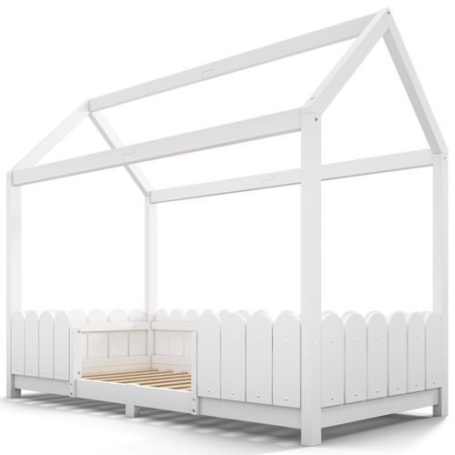 Lit Cabane 90 X 200 Cm En Bois, Avec Barrière Anti-chute Et Sommier – Blanc