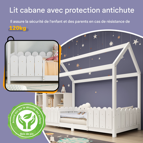 Lit Cabane 90 X 200 Cm En Bois, Avec Barrière Anti-chute Et Sommier – Blanc