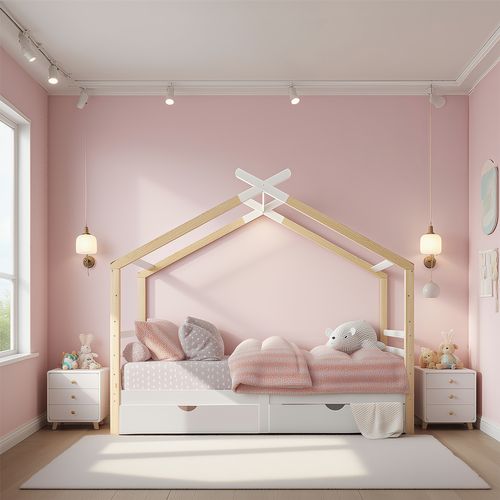 Lit Cabane Enfant 90 X 200 Cm En Bois De Pin Massif, Avec Tiroirs Et Sommier