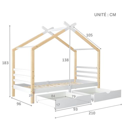 Lit Cabane Enfant 90 X 200 Cm En Bois De Pin Massif, Avec Tiroirs Et Sommier