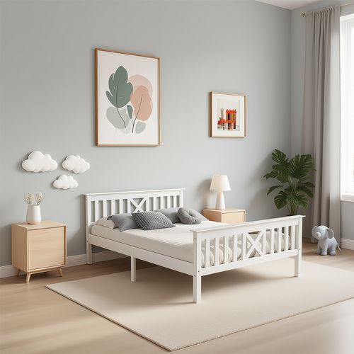 Lit Double En Bois 140 X 200 Cm Avec Tête De Lit Et Sommier, Bois Massif Pour Enfant