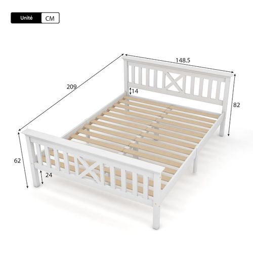Lit Double En Bois 140 X 200 Cm Avec Tête De Lit Et Sommier, Bois Massif Pour Enfant