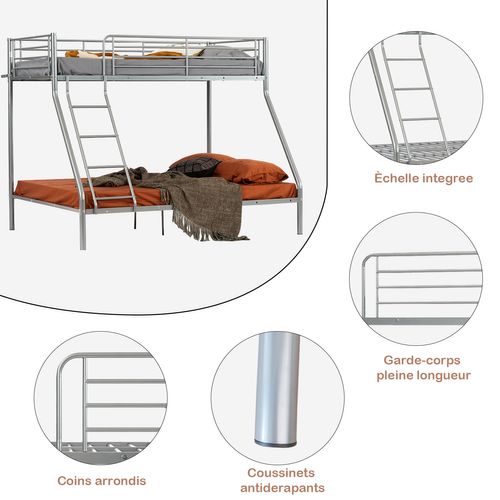 Lit Superposé Avec Sommier à Lattes 90x190 Et 140x190cm Pour Enfant, Gris