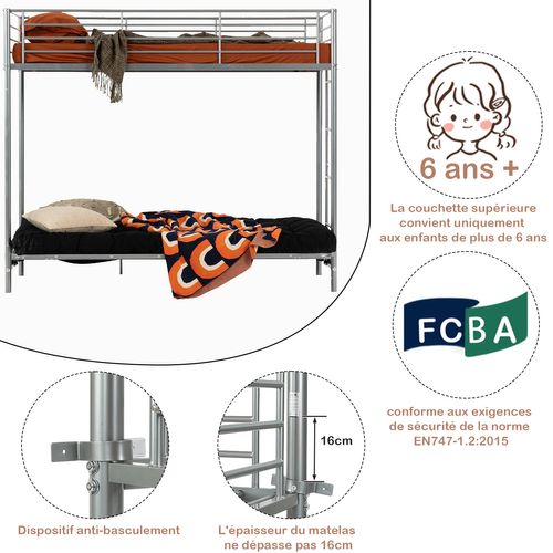 Lit Superposé 90x190cm Avec Banquette Convertible, Pour Enfant, Gris