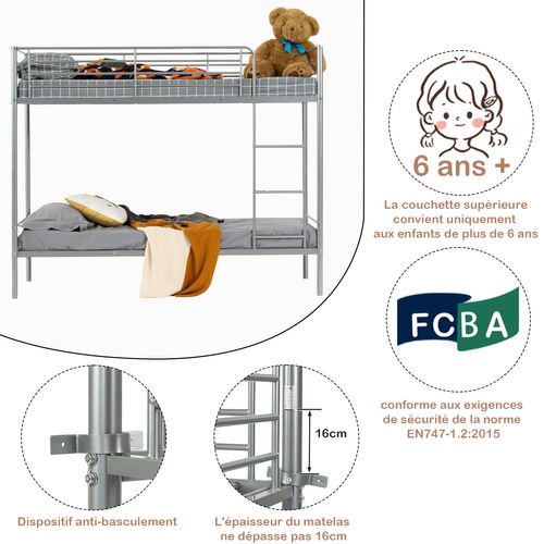 Lit Superposé 2 Places 90x190cm Pour Enfant, Gris