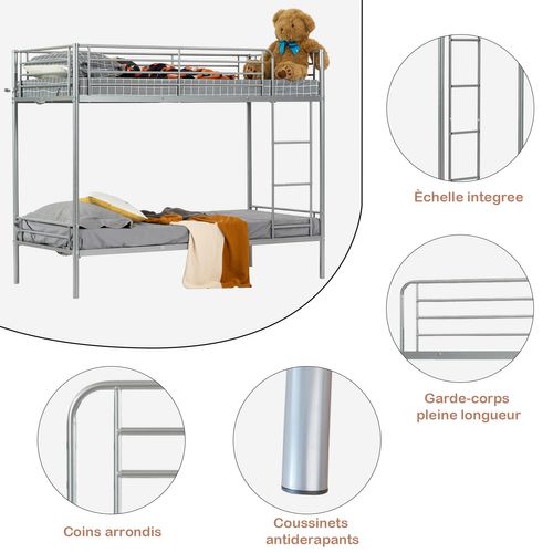 Lit Superposé 2 Places 90x190cm Pour Enfant, Gris