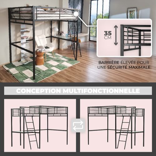 Lit Mezzanine Avec Bureau 140x190cm Pour Enfant, Noir