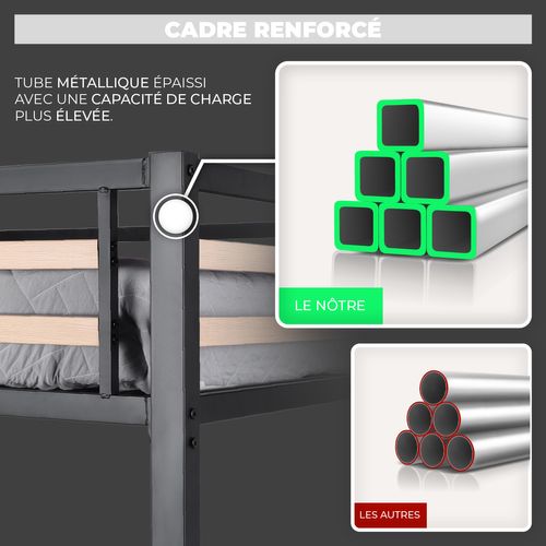 Lit Mezzanine 140x200cm Avec Sommier à Lattes Pour Enfant, Chêne + Noir