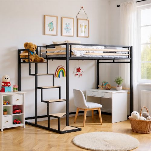 Lit Mezzanine 140x200cm Avec Sommier à Lattes Pour Enfant, Chêne + Noir