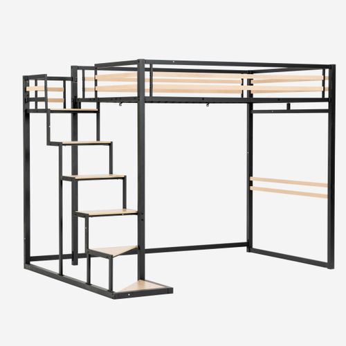 Lit Mezzanine 140x200cm Avec Sommier à Lattes Pour Enfant, Chêne + Noir