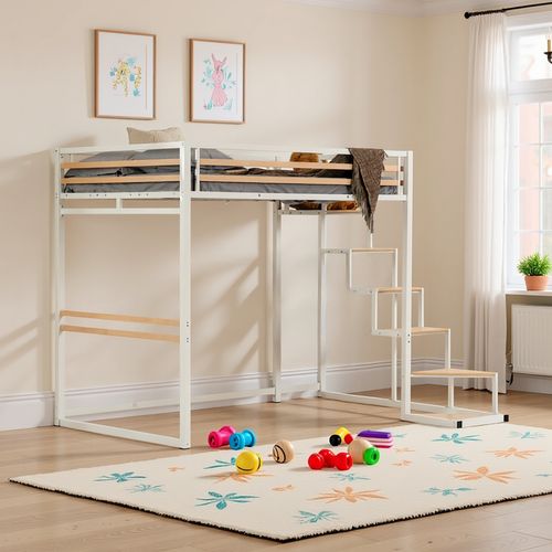 Lit Mezzanine 140x200cm Avec Sommier à Lattes Pour Enfant, Chêne + Blanc