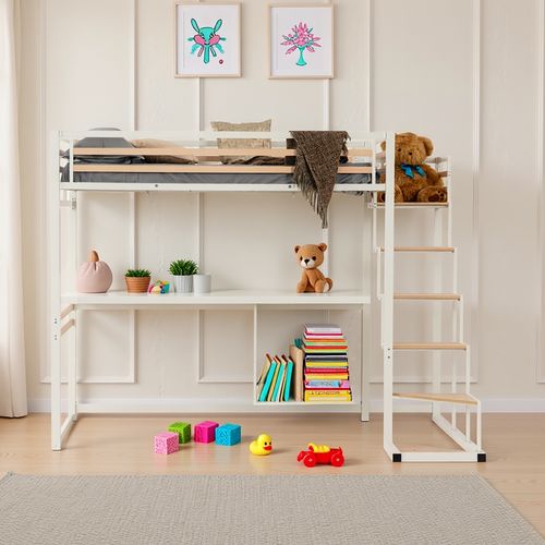 Lit Mezzanine 140x200cm Avec Sommier à Lattes Pour Enfant, Chêne + Blanc