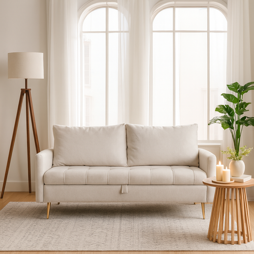 Canapé Droit 2 Places En Tissu Avec Ports USB Et Coffre De Rangement, Beige