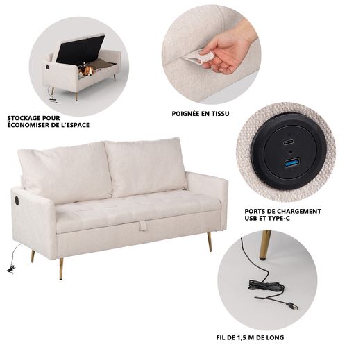 Canapé Droit 2 Places En Tissu Avec Ports USB Et Coffre De Rangement, Beige