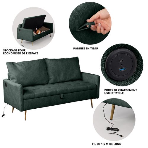 Canapé Droit 2 Places En Velours Avec Ports USB Et Coffre De Rangement, Vert