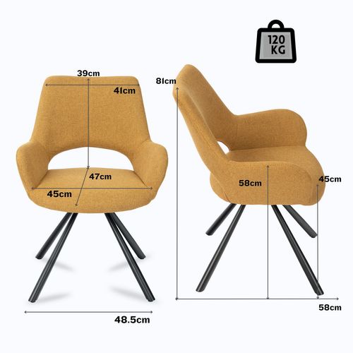Lot De 2 Chaises Salle à Manger Scandinaves Avec Accoudoirs Tissu Pieds Métal, Jaune