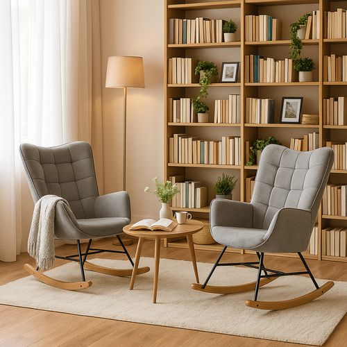 Lot De 2 Fauteuils à Bascule, Rocking Chair En Tissu Avec Pieds Bois Et Métal