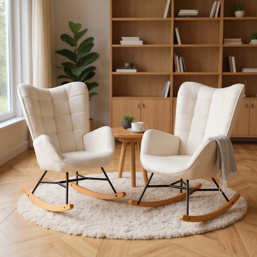 Lot De 2 Fauteuils à Bascule, Rocking Chair En Bouclette Avec Pieds Bois Et Métal
