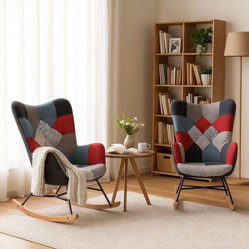 Lot De 2 Fauteuils à Bascule, Rocking Chair En Tissu Patchwork Avec Pieds Bois Et Métal