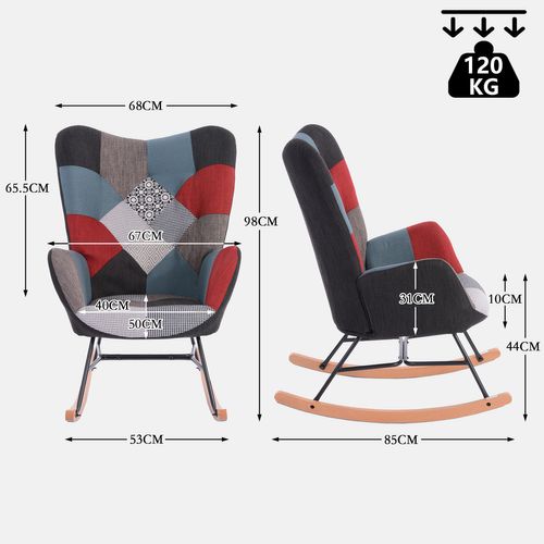 Lot De 2 Fauteuils à Bascule, Rocking Chair En Tissu Patchwork Avec Pieds Bois Et Métal