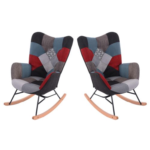 Lot De 2 Fauteuils à Bascule, Rocking Chair En Tissu Patchwork Avec Pieds Bois Et Métal