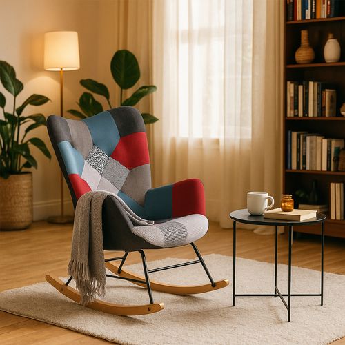 Lot De 2 Fauteuils à Bascule, Rocking Chair En Tissu Patchwork Avec Pieds Bois Et Métal