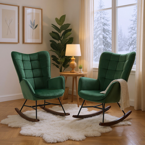 Lot De 2 Fauteuils à Bascule, Rocking Chair En Velours Avec Pieds Bois Et Métal