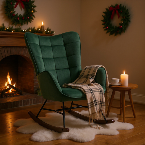 Lot De 2 Fauteuils à Bascule, Rocking Chair En Velours Avec Pieds Bois Et Métal