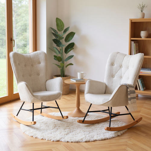 Lot De 2 Fauteuils à Bascule, Rocking Chair En Tissu Avec Pieds Bois Et Métal