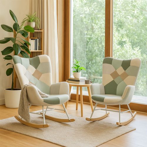 Lot De 2 Fauteuils à Bascule, Rocking Chair En Tissu Patchwork Avec Pieds Bois Et Métal