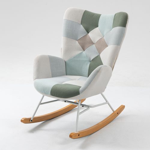 Lot De 2 Fauteuils à Bascule, Rocking Chair En Tissu Patchwork Avec Pieds Bois Et Métal