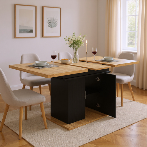 Table Salle à Manger Extensible Avec Rangement, 6–8 Personnes, 140x70x76cm, Chêne Et Noir