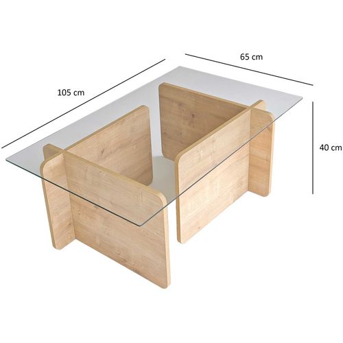 Table Basse Design Gelpio 150x65cm Bois Clair Et Verre Transparent