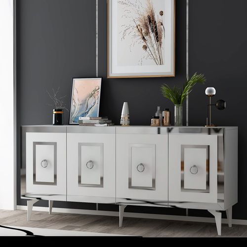 Buffet En Bois "karya" - 150 X 79 X 40 Cm - Blanc, Argent