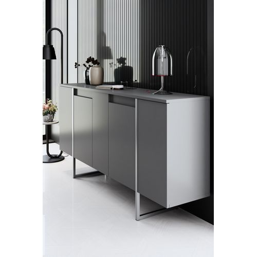 Buffet Moderne 4 Portes Sibylle L160cm Bois Anthracite Et Métal Argent